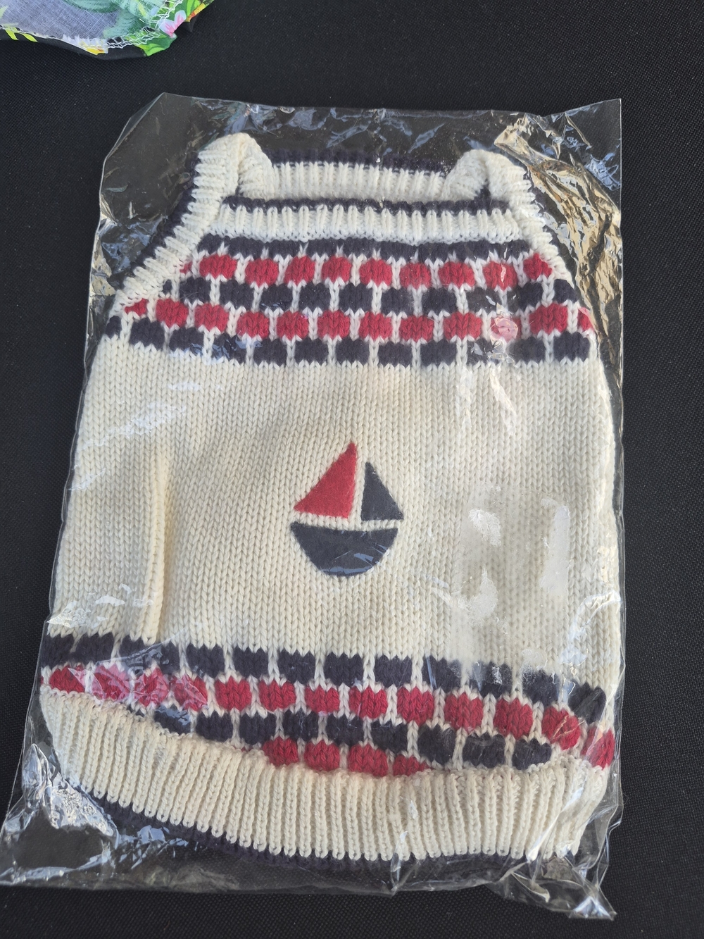 Cream Nautical Knit Dog Sweater with Red & Navy Sailboat